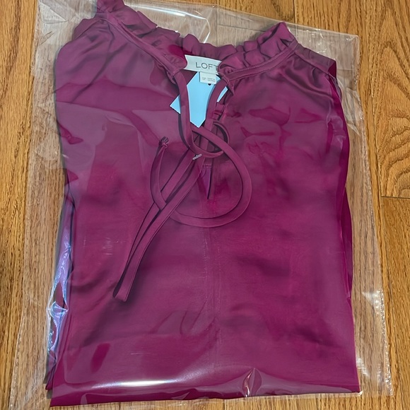 BRAND NEW WITH TAGS! LOFT Ruffle Tie Neck Mixed Media Blouse - Picture 5 of 6